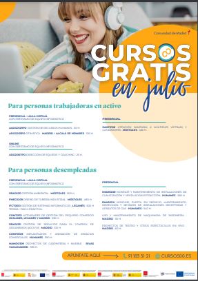 CURSOS GRATUITOS PARA PERSONAS DESEMPLEADAS Y TRABAJADORAS EN ACTIVO - JULIO 2024